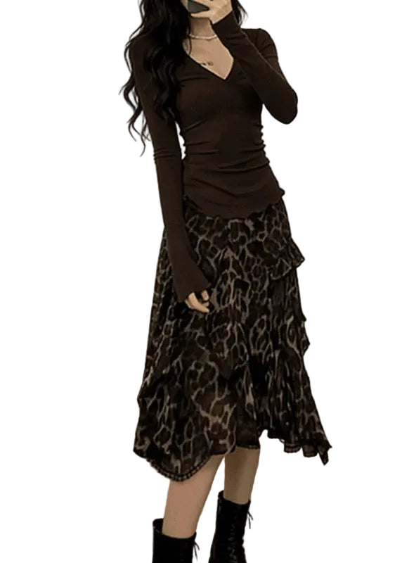 Ensemble Femme Top Imprimé Col V et Jupe Trapèze Automne 0