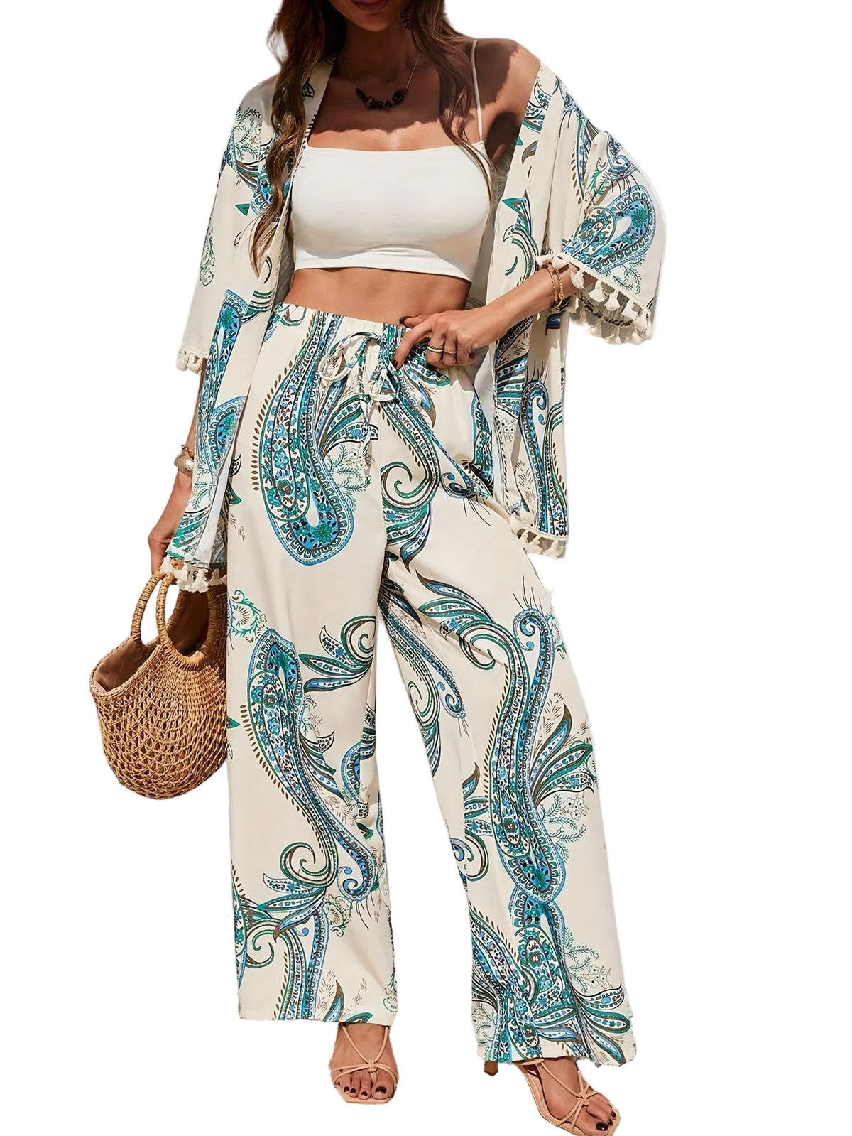 Ensemble Femmes Kimono à Franges et Pantalon Large 0