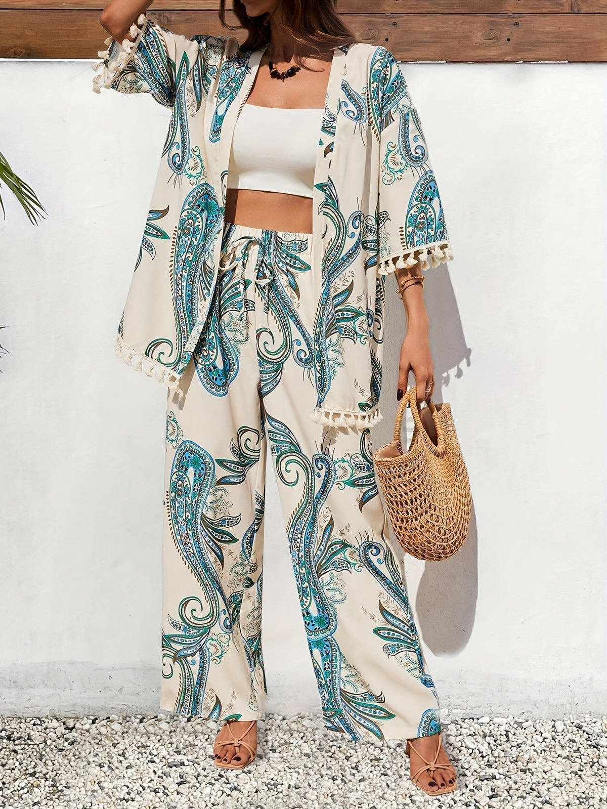 Ensemble Femmes Kimono à Franges et Pantalon Large 1