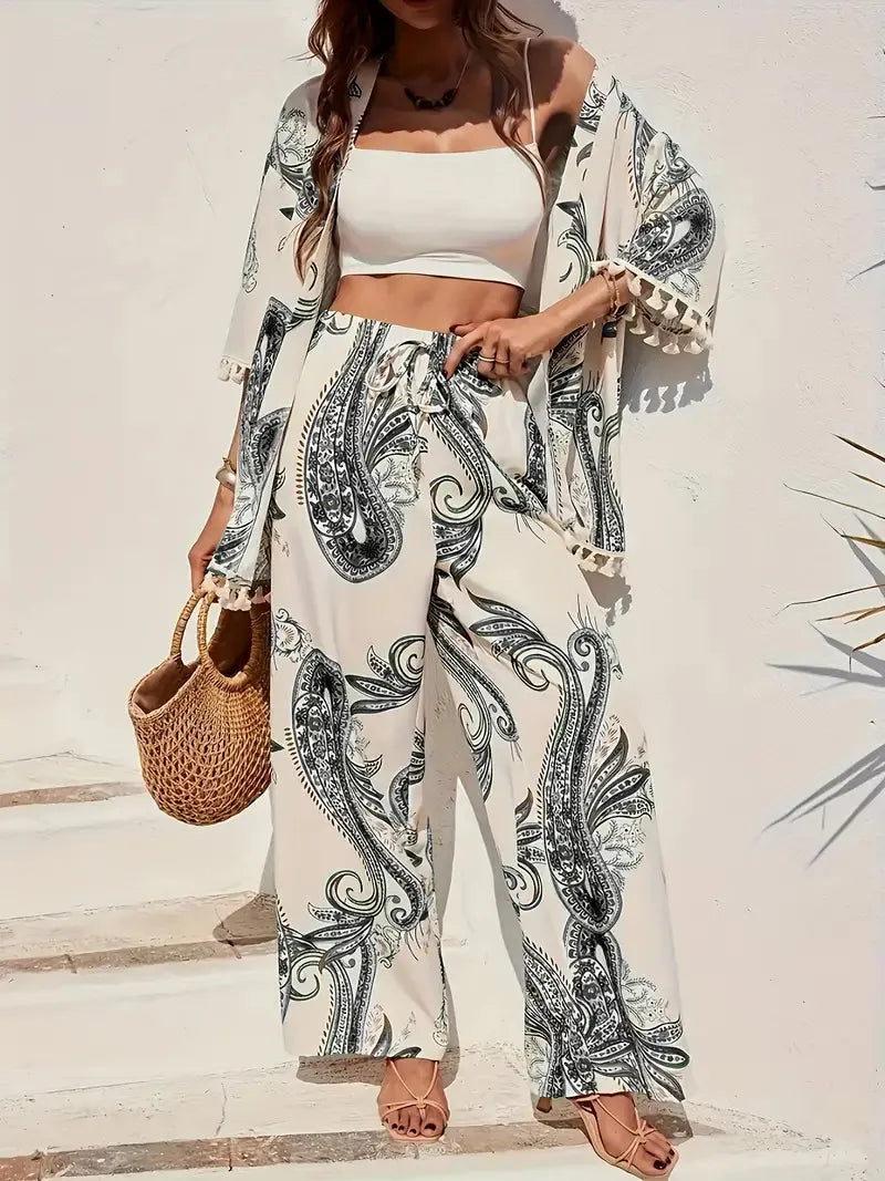 Ensemble Femmes Kimono à Franges et Pantalon Large 3