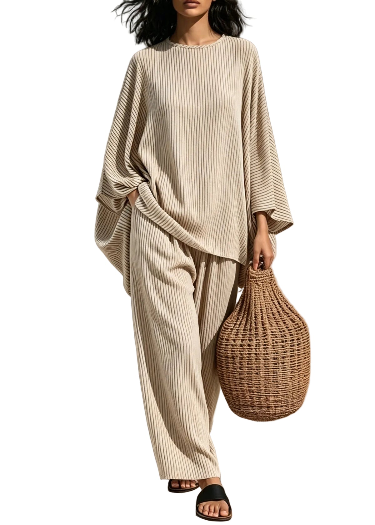 Ensemble Pyjama Femme Deux Pièces Rayé Col Rond Ample 0