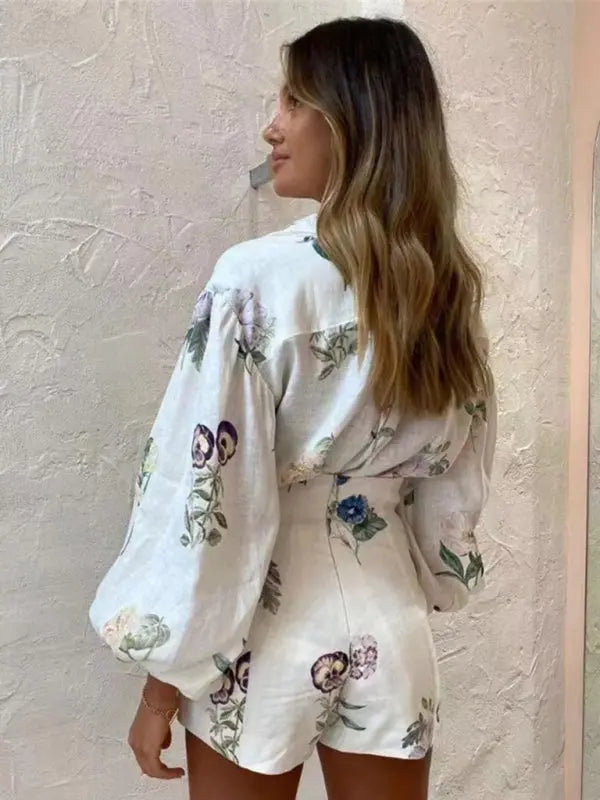 Ensemble Sport Femme Blouse Longue à Manches Bouffantes et Short Taille Haute Floral Polyester Élasthanne 3
