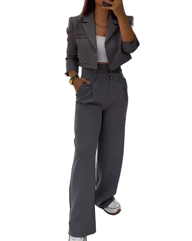 Ensemble Tailleur Femme Blazer Court et Pantalon Large Chic 0