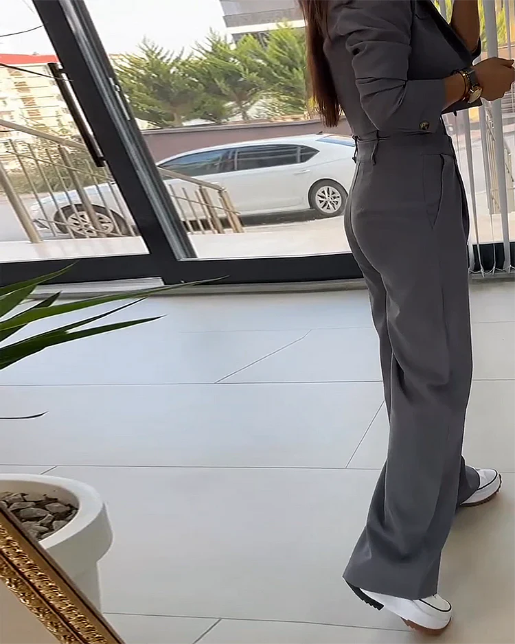 Ensemble Tailleur Femme Blazer Court et Pantalon Large Chic 2