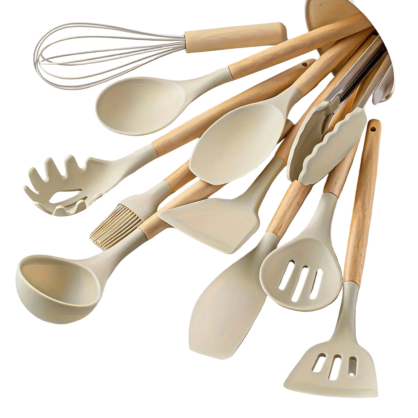 Ensemble d'Ustensiles de Cuisine en Silicone et Bois - 12 Pièces 0