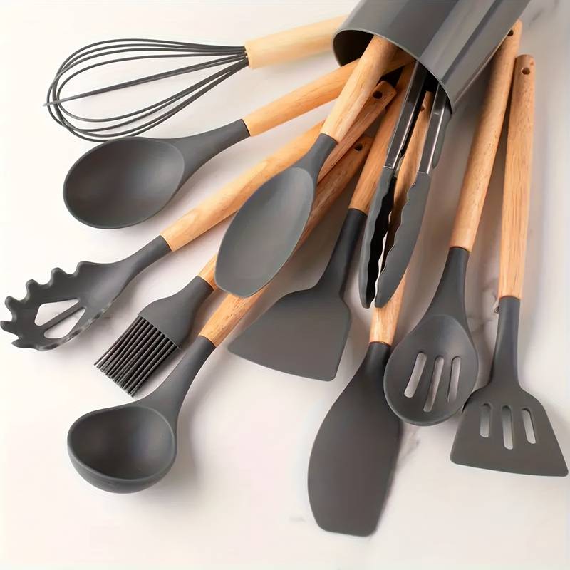 Ensemble d'Ustensiles de Cuisine en Silicone et Bois - 12 Pièces 10