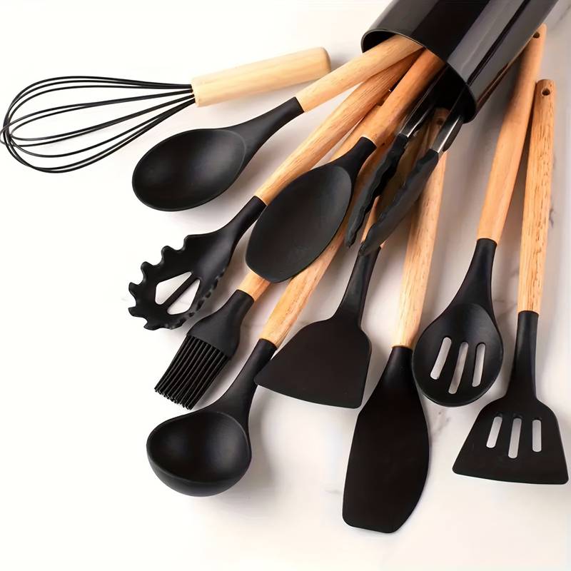 Ensemble d'Ustensiles de Cuisine en Silicone et Bois - 12 Pièces 12