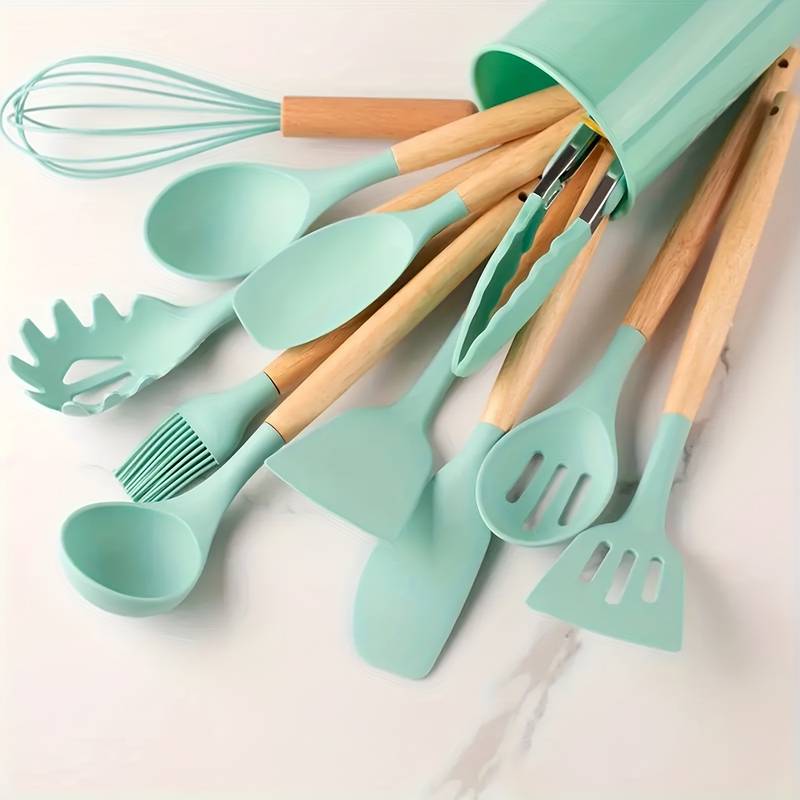 Ensemble d'Ustensiles de Cuisine en Silicone et Bois - 12 Pièces 1