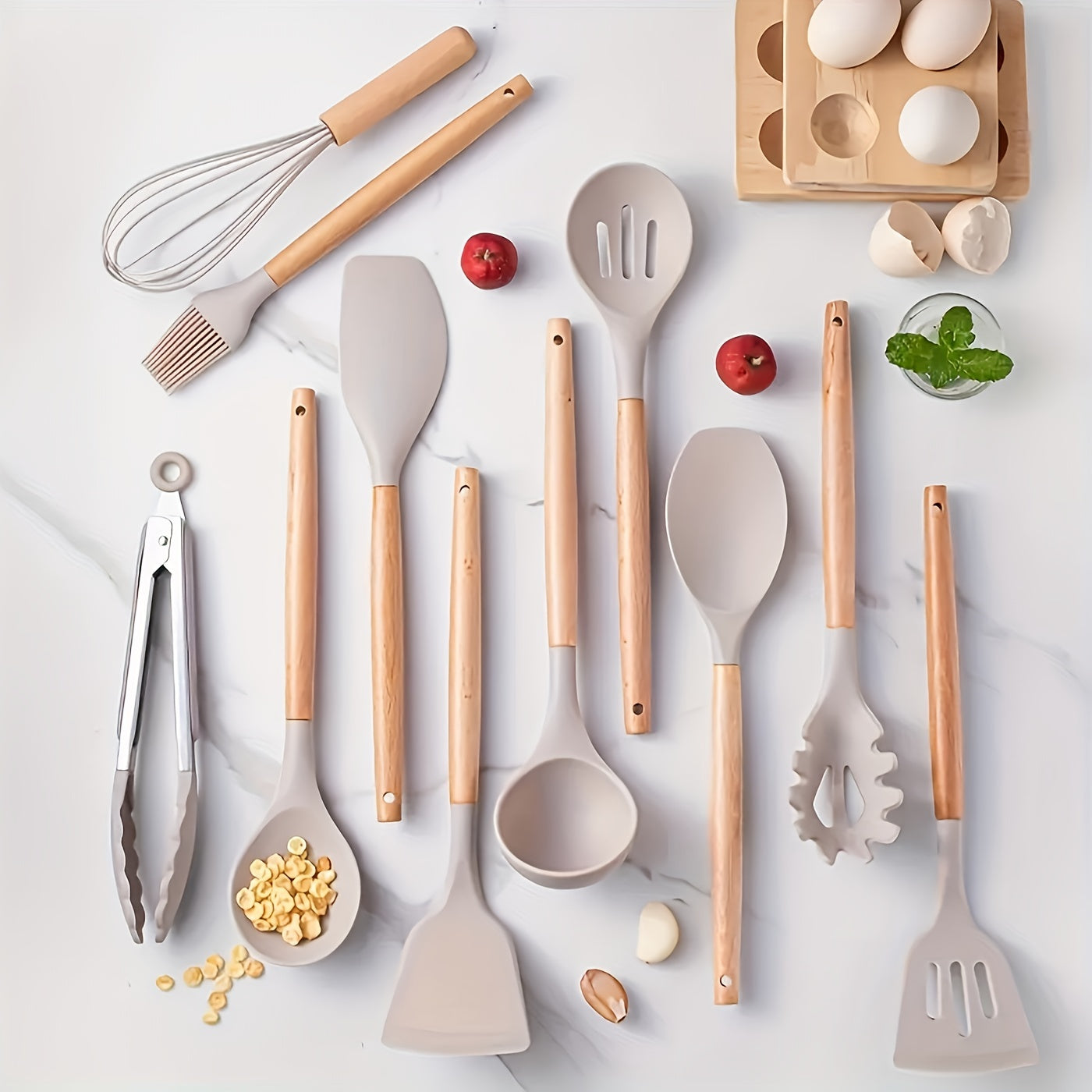Ensemble d'Ustensiles de Cuisine en Silicone et Bois - 12 Pièces 2