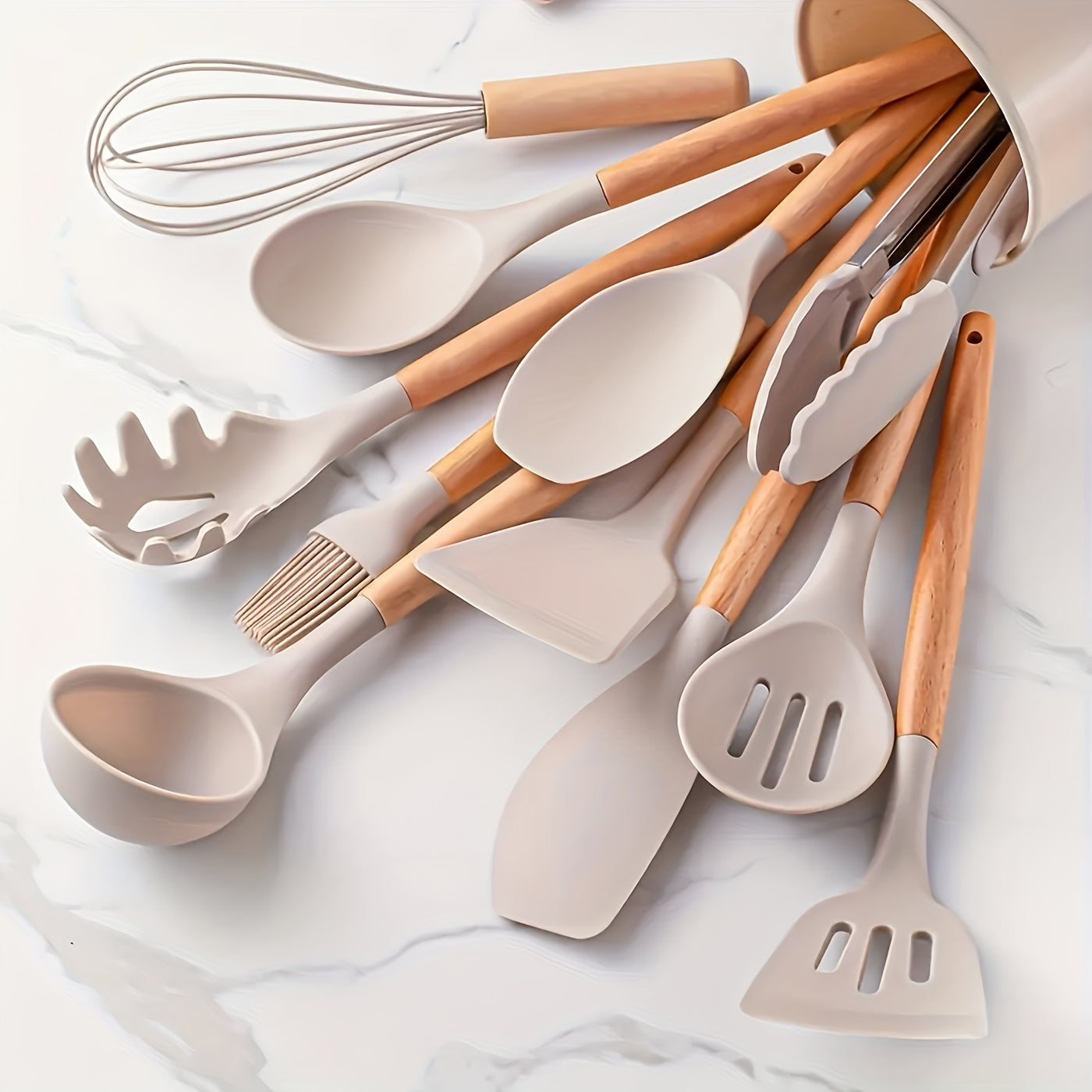 Ensemble d'Ustensiles de Cuisine en Silicone et Bois - 12 Pièces 3