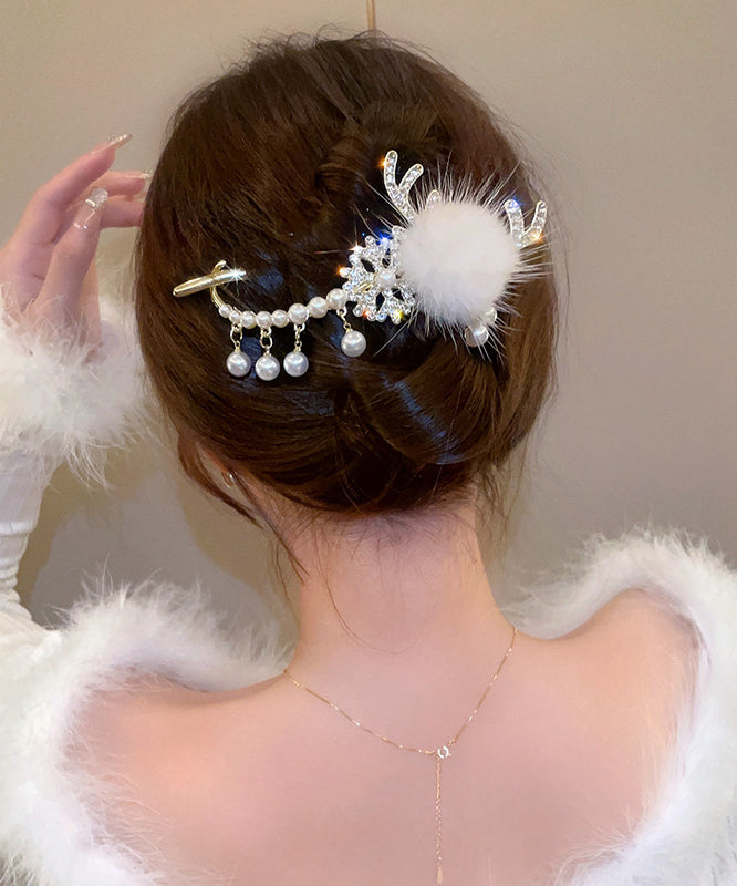 Épingle à Cheveux Femme Naturel Avec Pompon Et Perle Pour Chignon 4