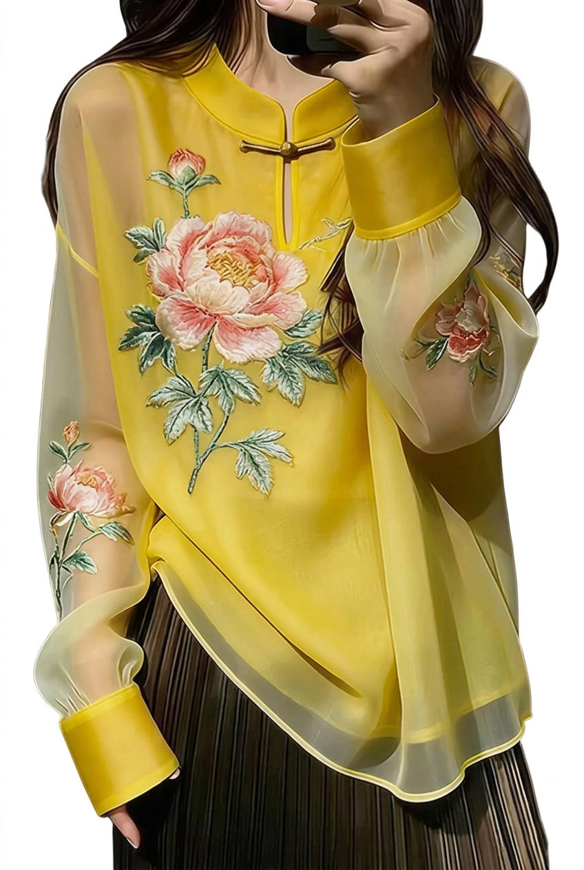 Femme Chemisier à Col Montant Boutonné Style Chinois 4