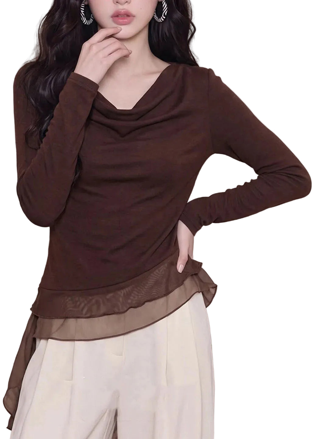 Femme Haut Asymétrique Manches Longues Style Patchwork 0