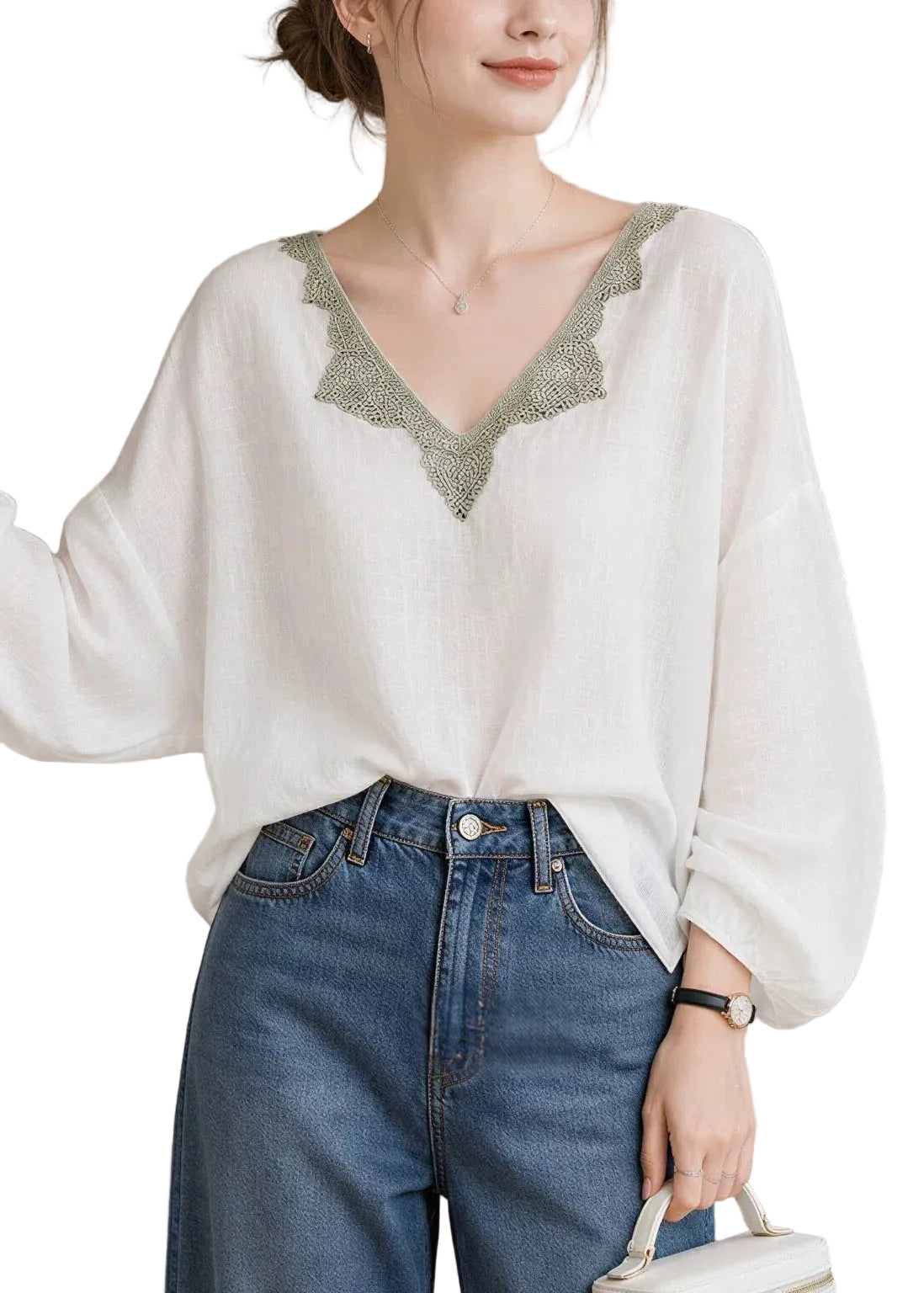 Femme Haut Blanc Col V avec Manches Lanternes et Empiècements Dentelle 0