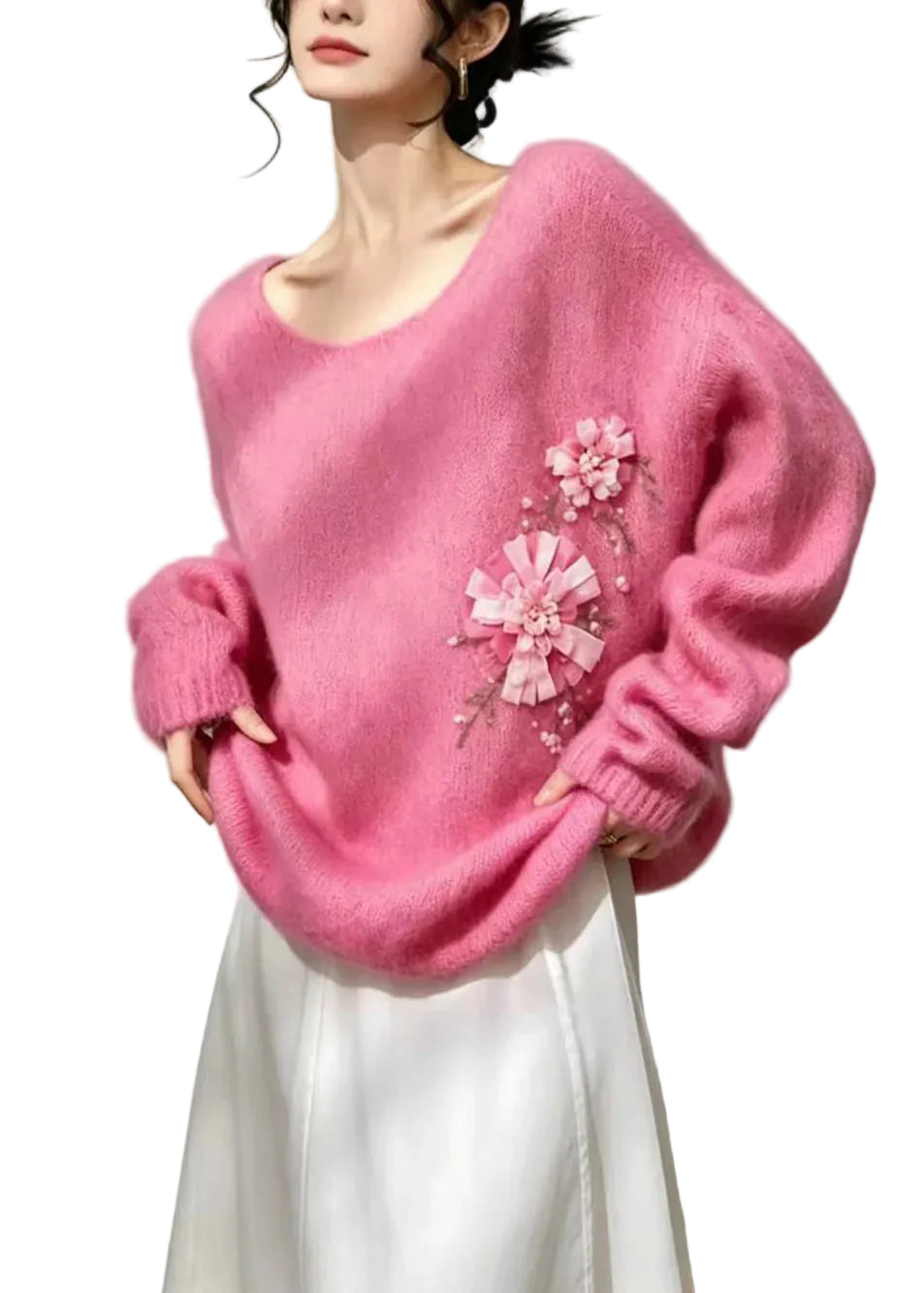 Femme Haut Oversize à Col Rond avec Détails Floraux 0