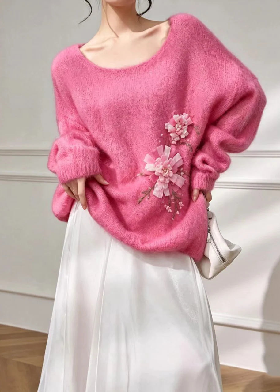 Femme Haut Oversize à Col Rond avec Détails Floraux 1