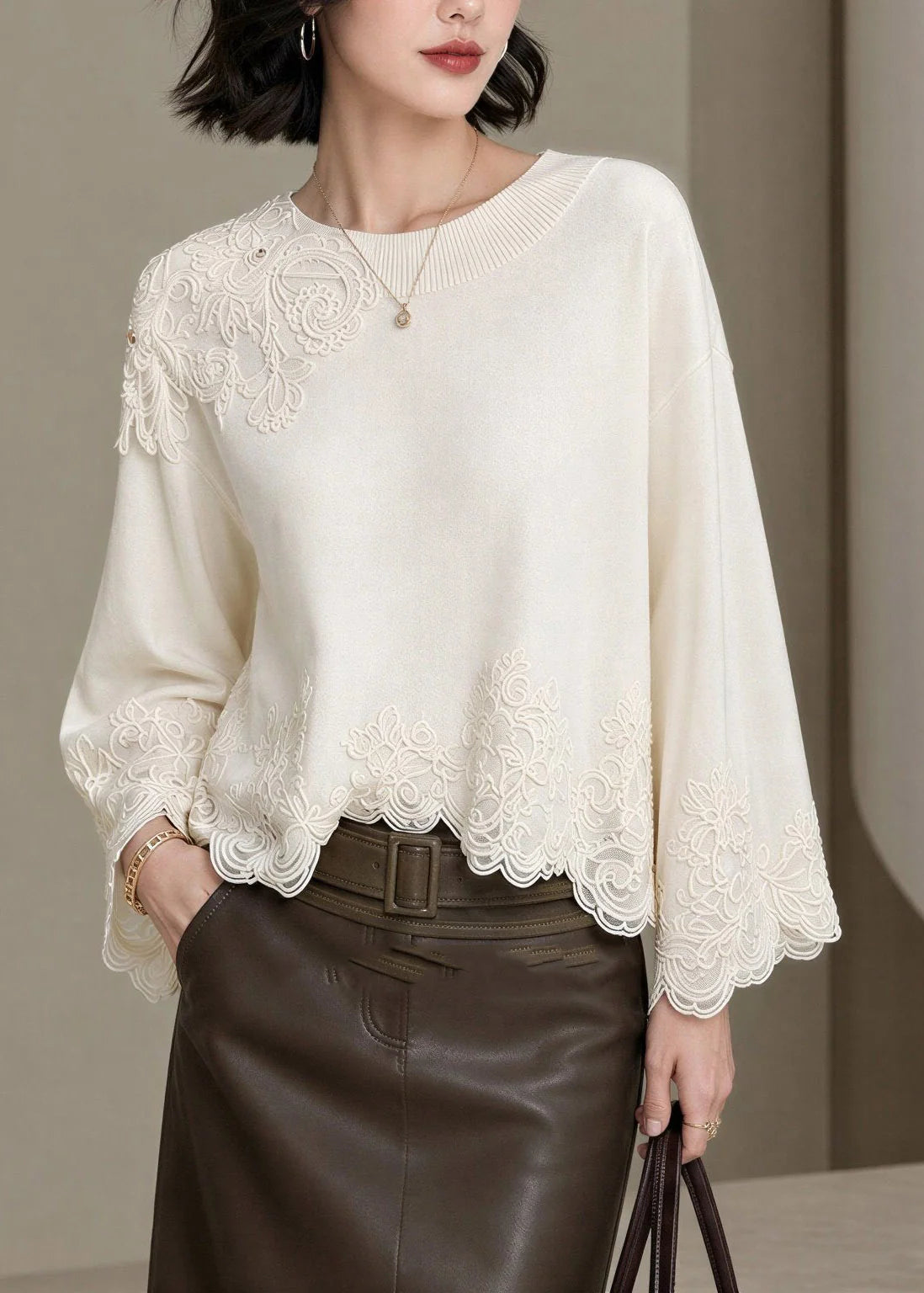 Femme Haut Patchwork Dentelle Brodée Automne 2