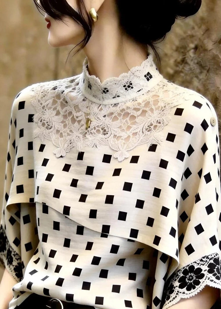 Femme Haut à Col Montant Patchwork Dentelle Manches Trois-Quarts 1