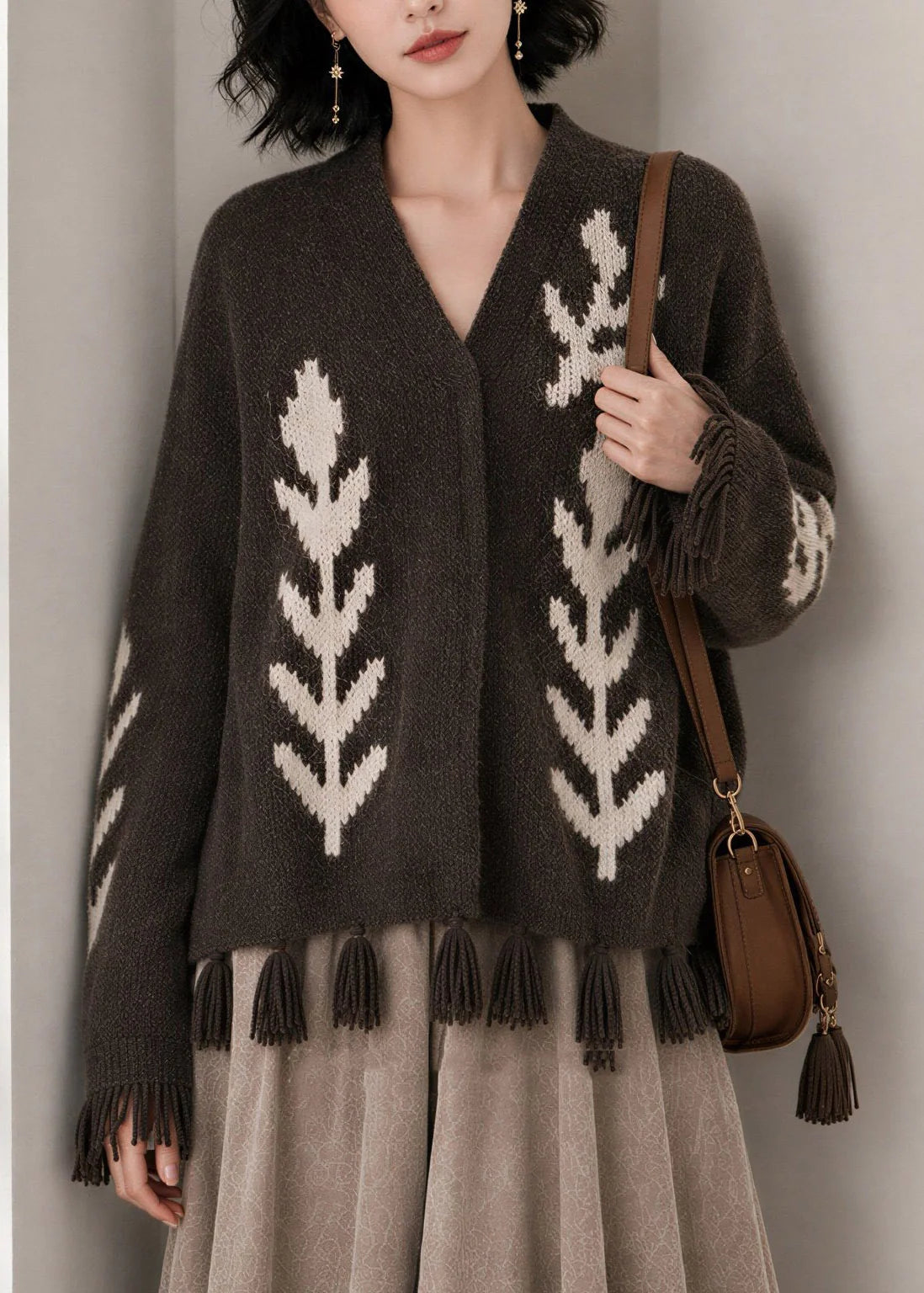 Gilet Femme Col V Imprimé Décontracté avec Pompons Automnal 1
