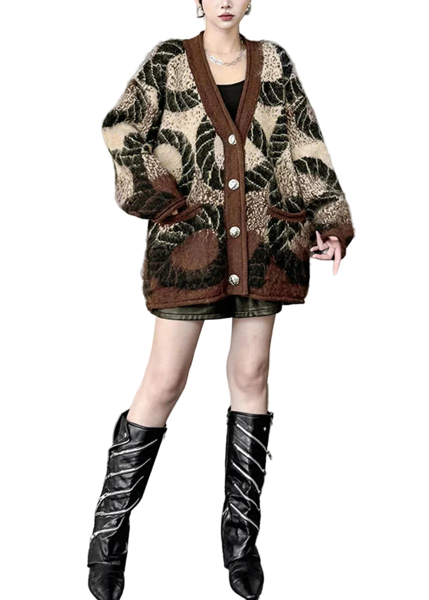 Gilet Femme Maille Jacquard Col V avec Poches Style Classique Automnal 0