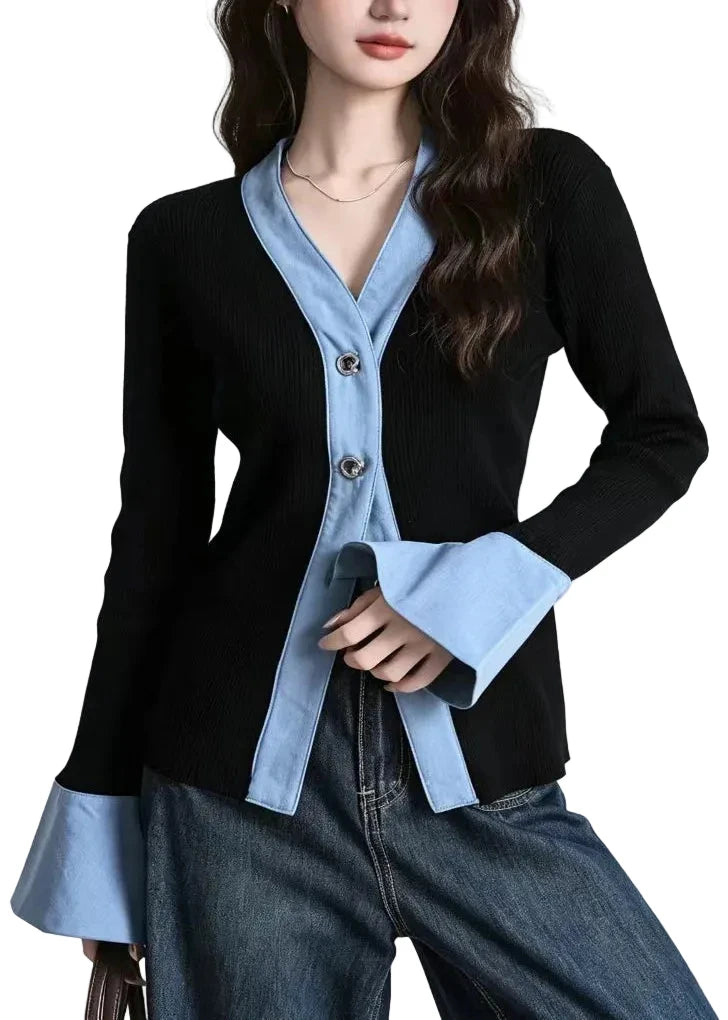 Gilet Femme Patchwork Coupe Ajustée Col V Automne 0