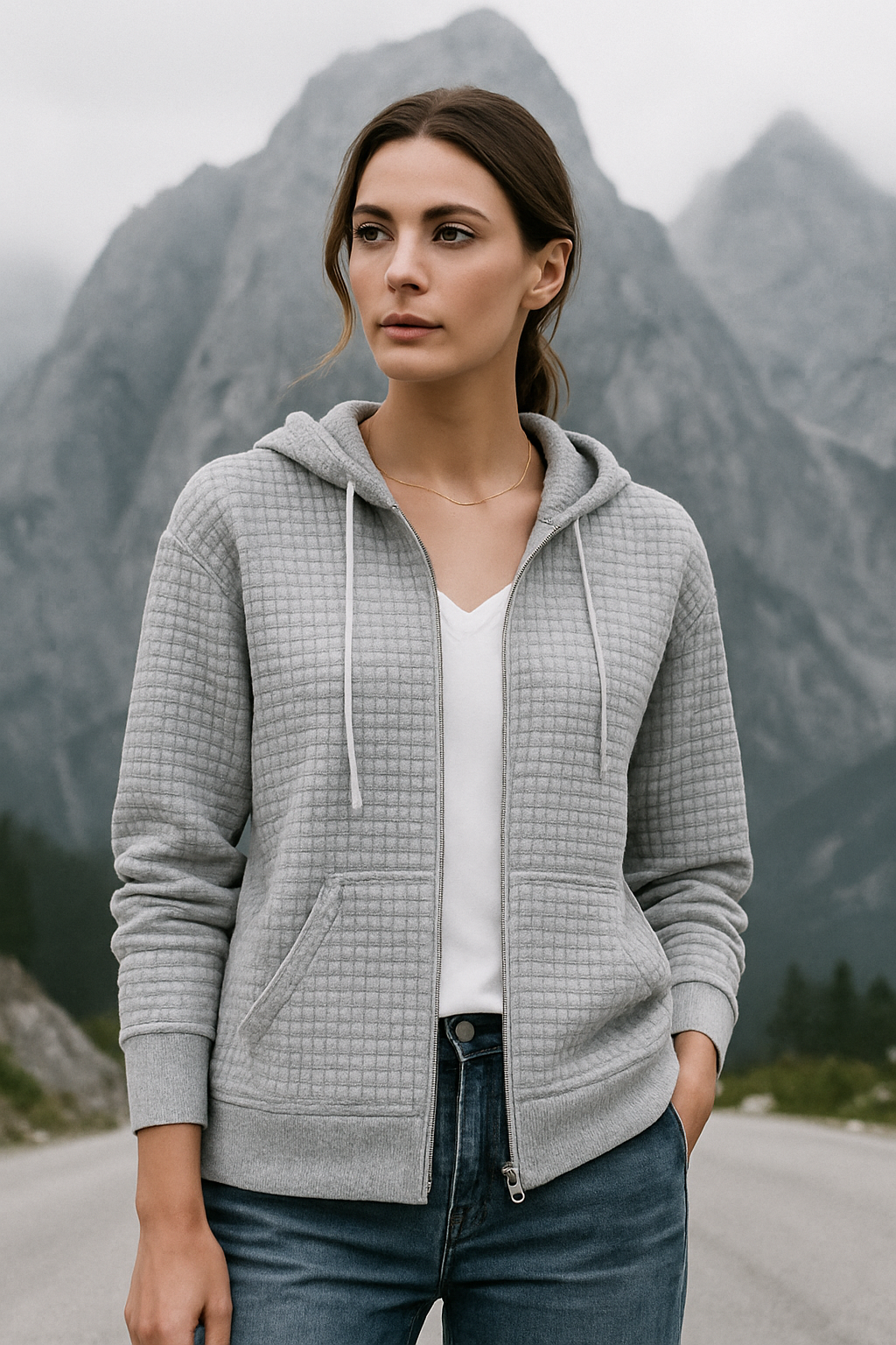 Gilet Femme à Capuche Casual en Tissu Texturé 2