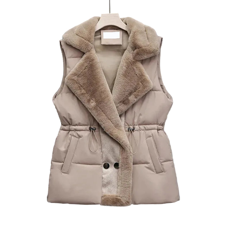 Gilet Sans Manche Femme Matelassé à Taille Cintrée avec Bordure en Fausse Fourrure 0