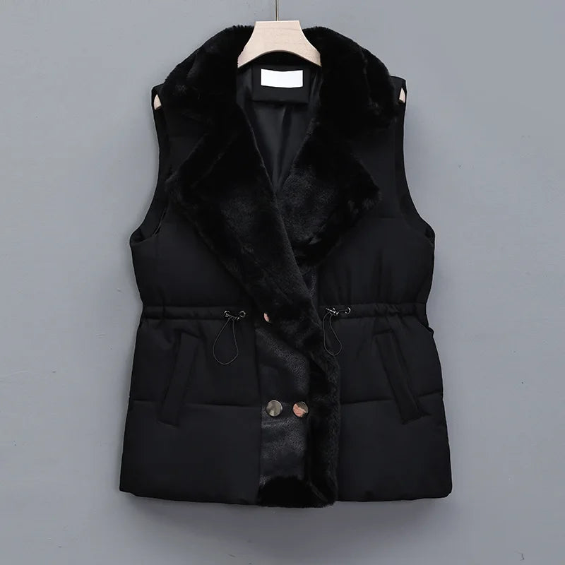 Gilet Sans Manche Femme Matelassé à Taille Cintrée avec Bordure en Fausse Fourrure 1