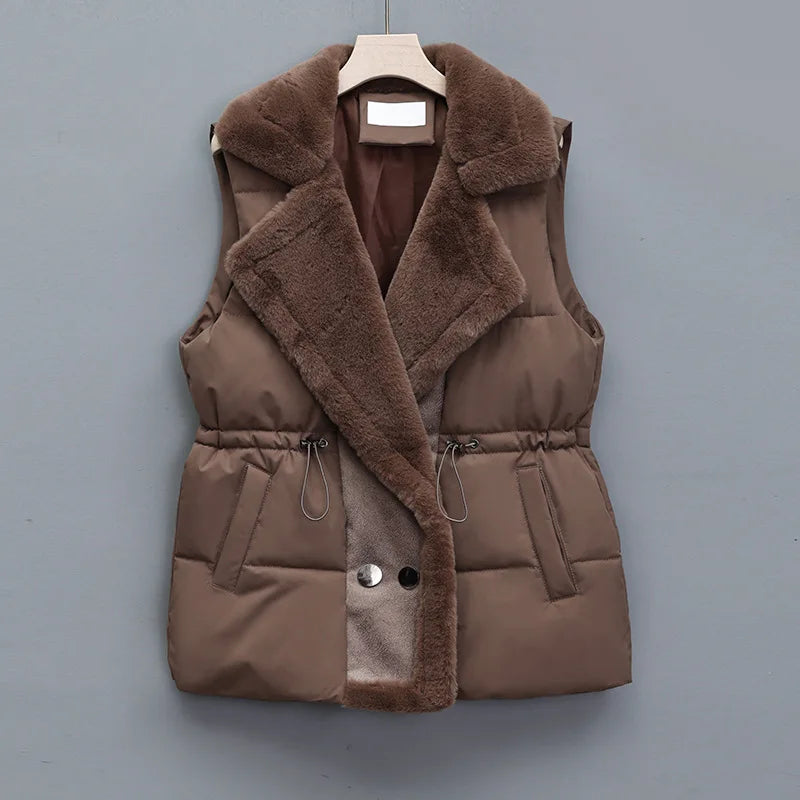 Gilet Sans Manche Femme Matelassé à Taille Cintrée avec Bordure en Fausse Fourrure 2