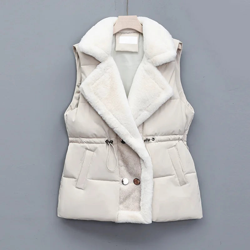 Gilet Sans Manche Femme Matelassé à Taille Cintrée avec Bordure en Fausse Fourrure 3