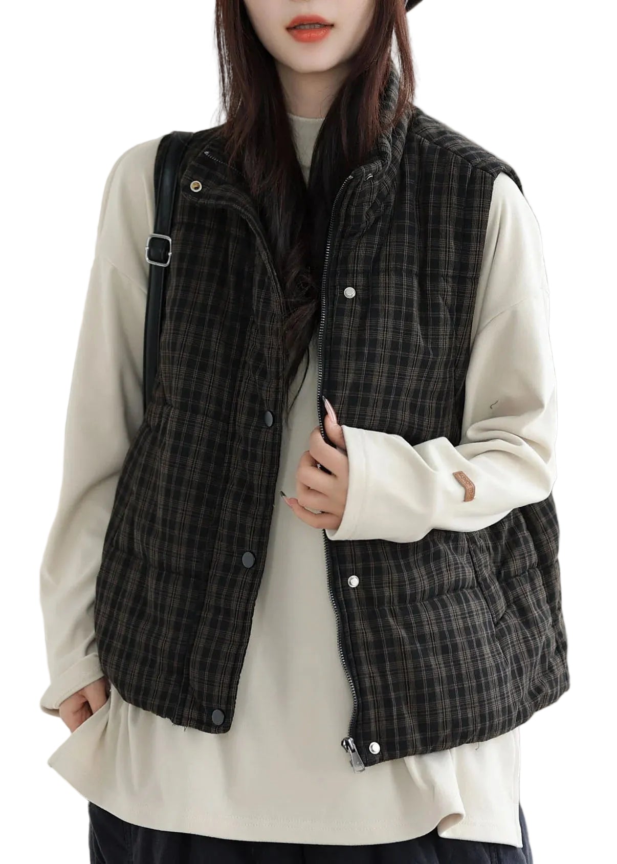 Gilet d'hiver grande taille pour femme à carreaux noirs 0