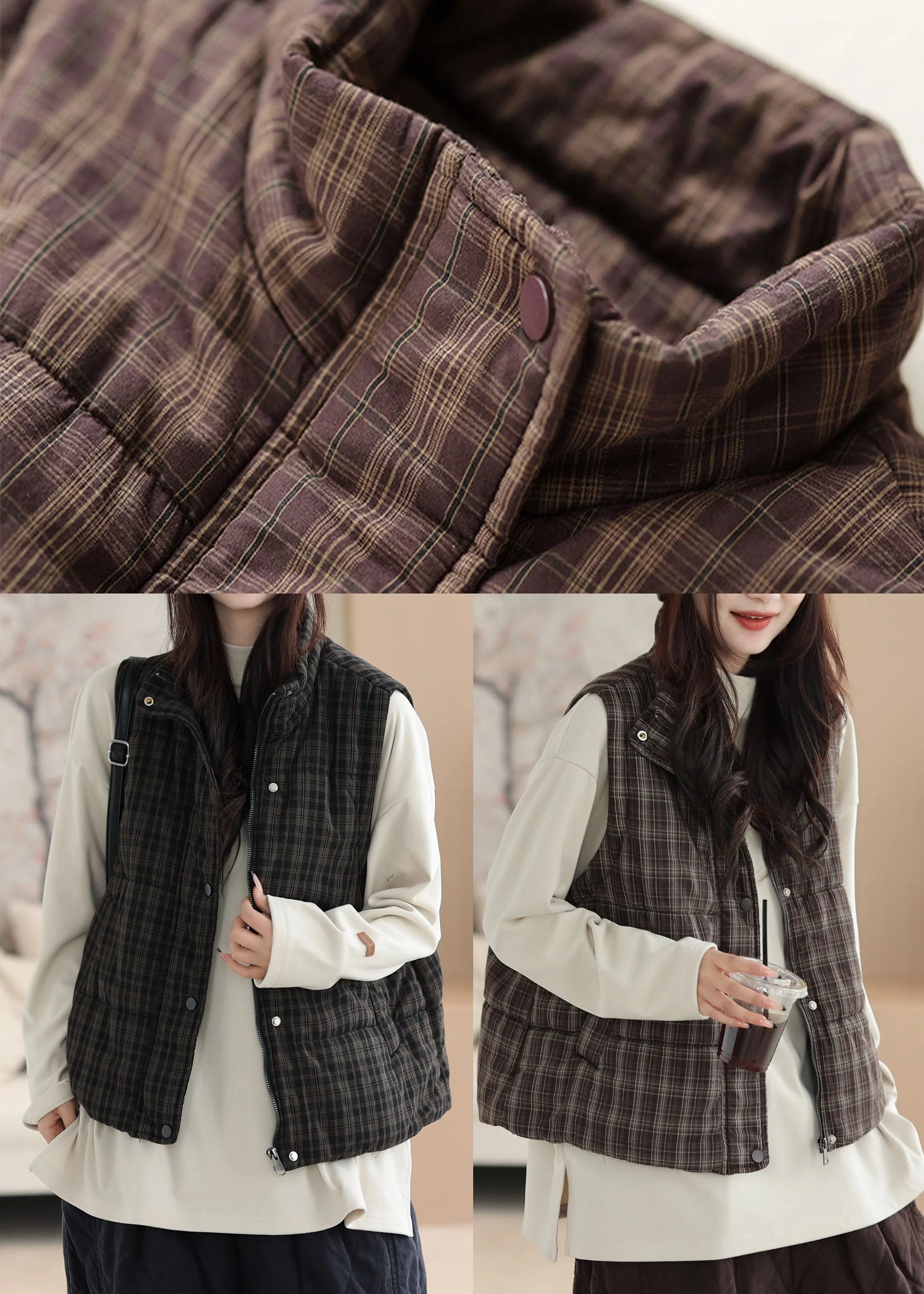 Gilet d'hiver grande taille pour femme à carreaux noirs 4