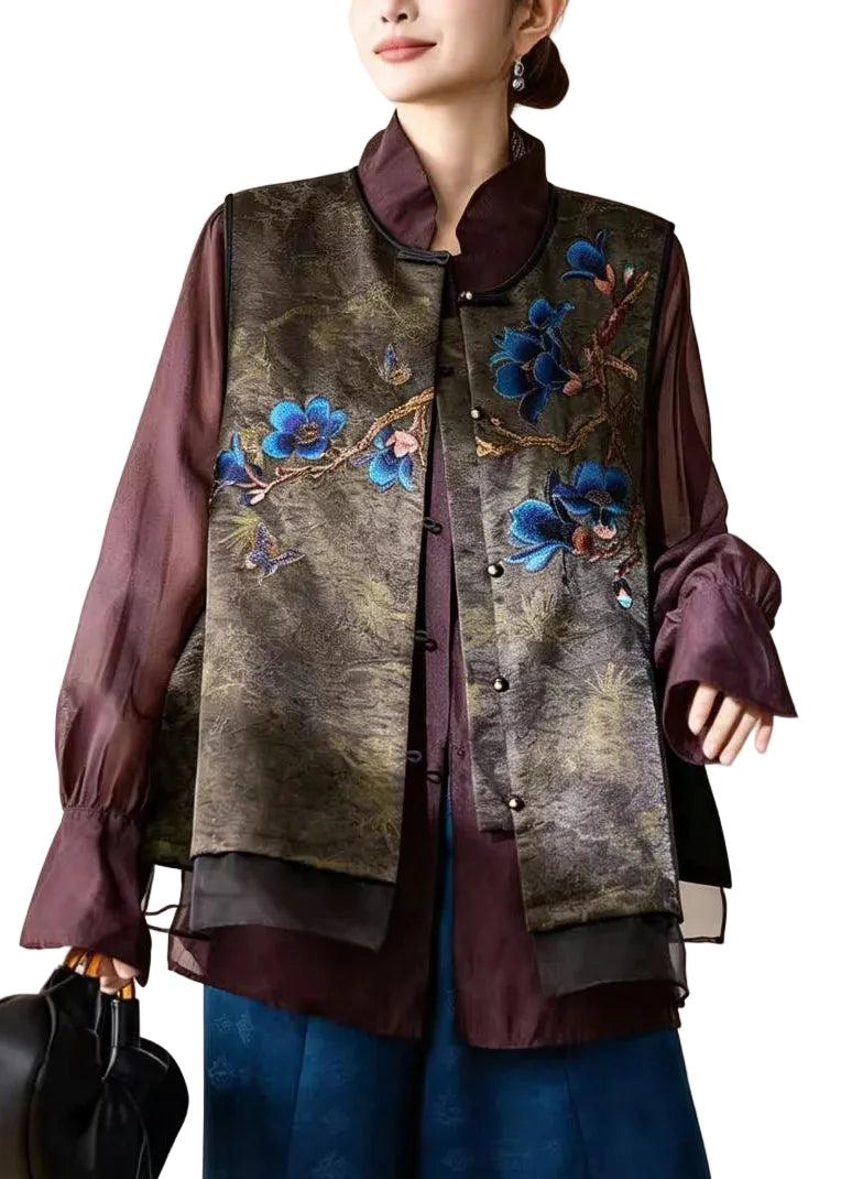 Gilet sans manches brodé style chinois pour femme 0