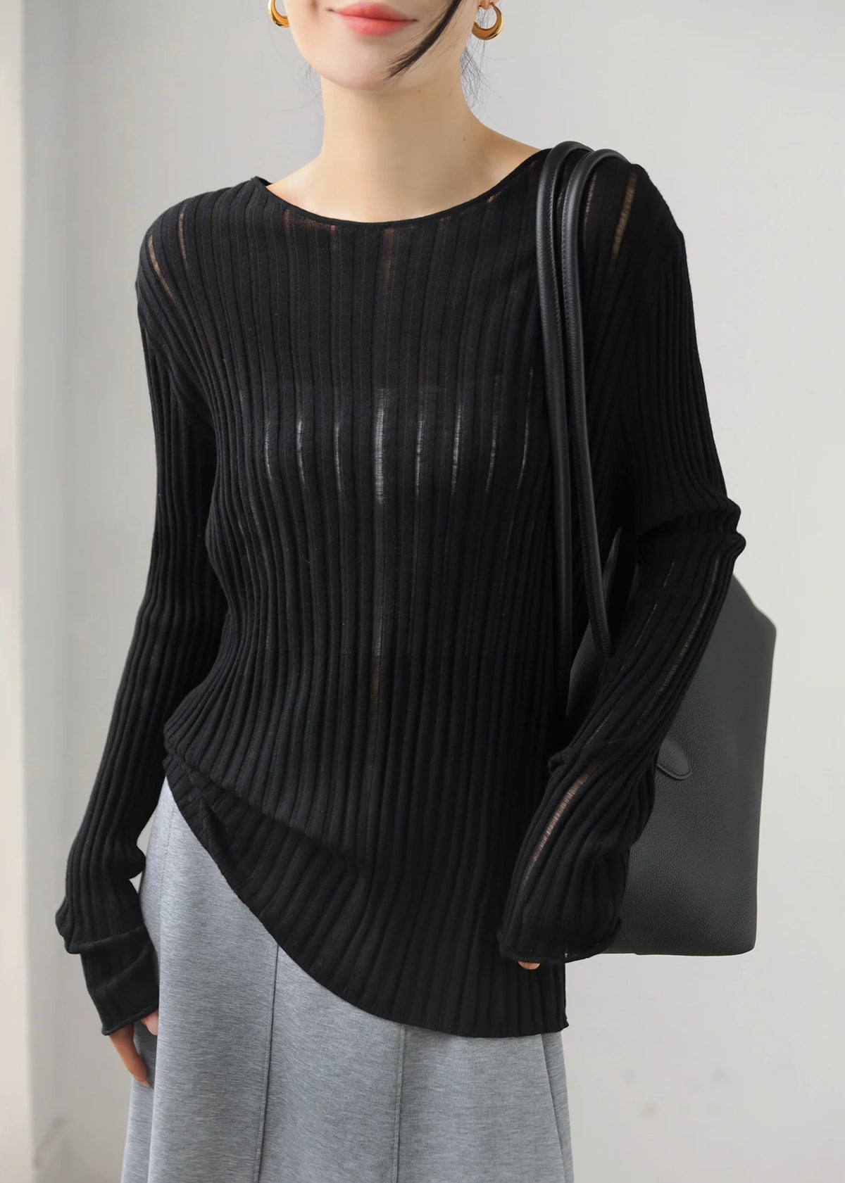 Haut Femme Ajusté Col Rond Maille Côtelée Transparente Automne 2