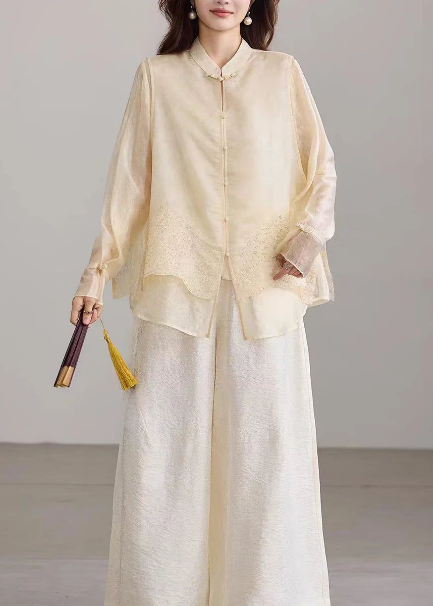 Haut Femme Col Mandarin Manches Longues Style Faux Deux-Pièces 1