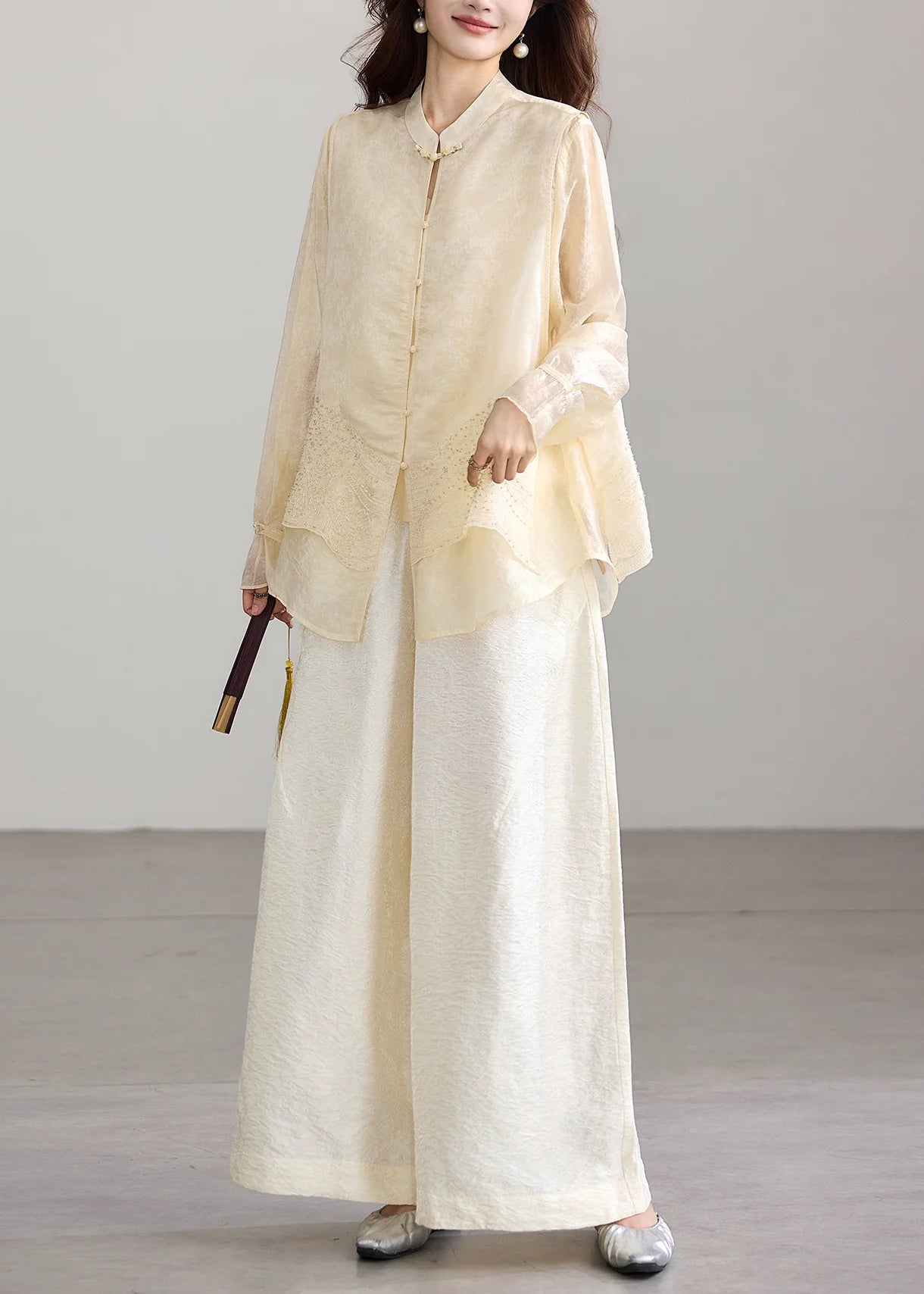 Haut Femme Col Mandarin Manches Longues Style Faux Deux-Pièces 3