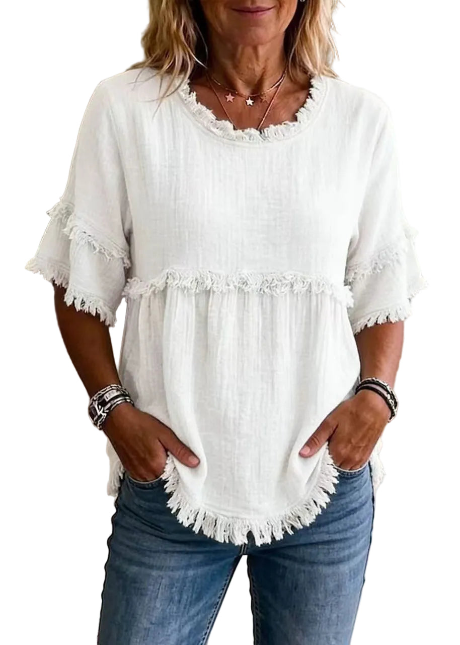 Haut Femme Col Rond Pompon Style Estival 0