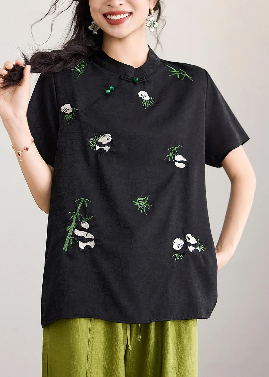 Haut Femme Manches Courtes Brodé Col Montant Style Chinois 2