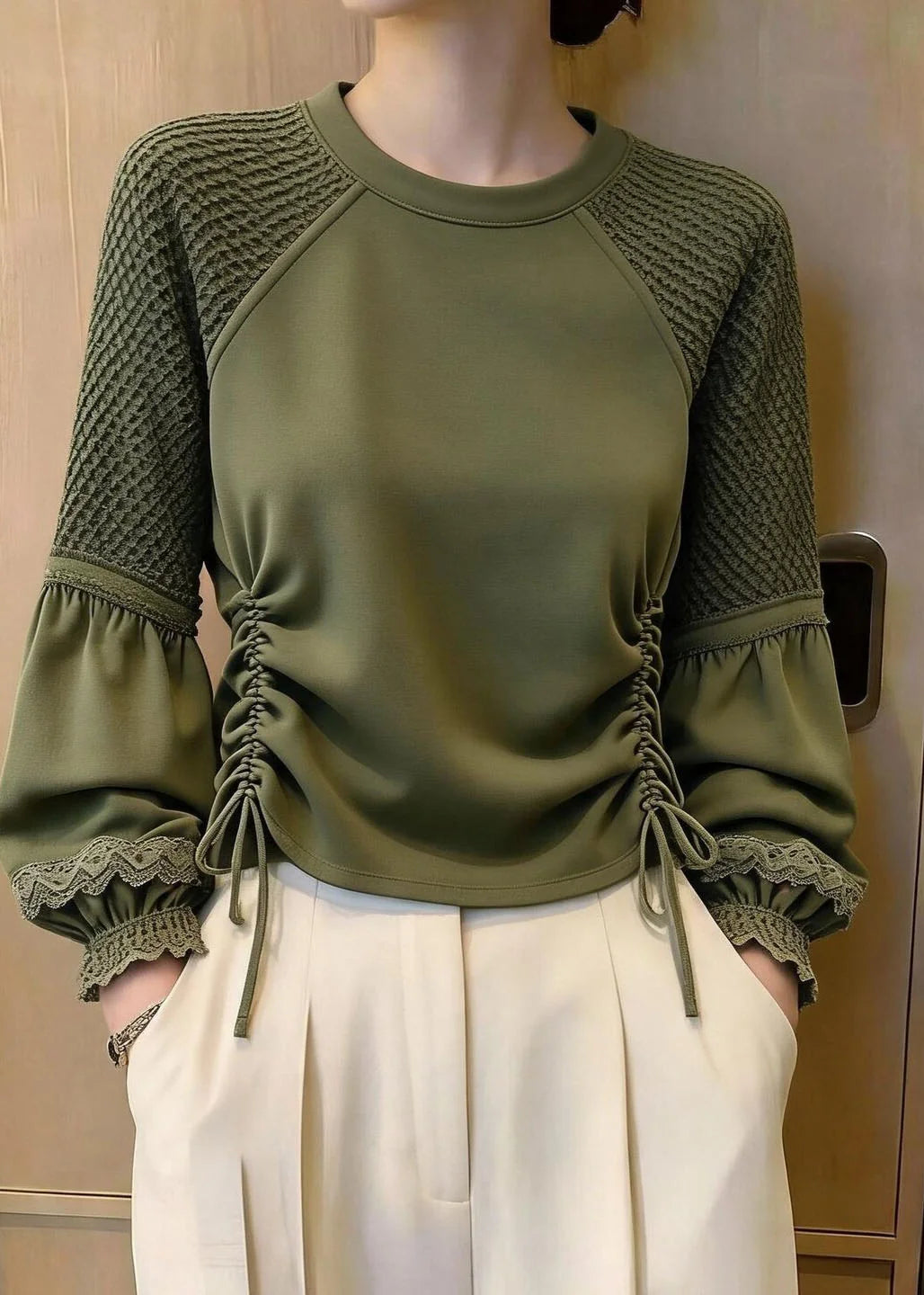 Haut Femme Manches Lanternes Taille Haute Tendance 2
