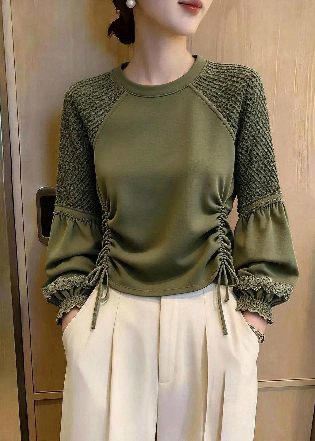 Haut Femme Manches Lanternes Taille Haute Tendance 4