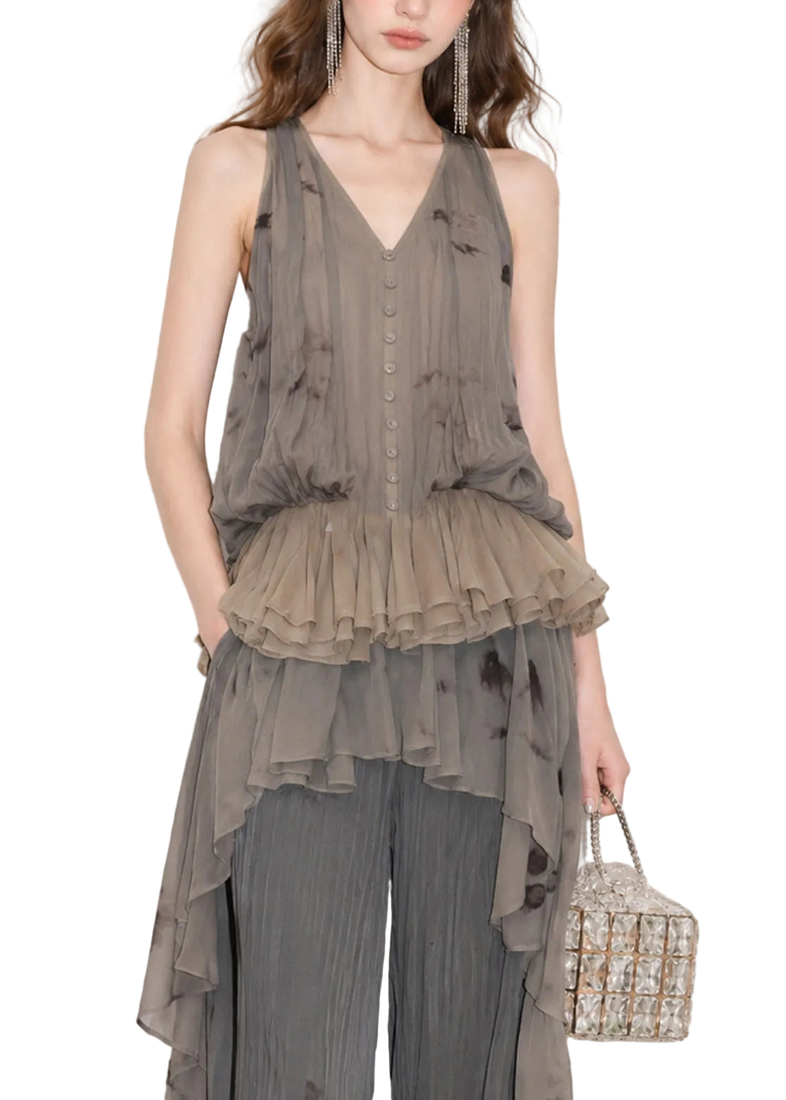 Haut Femme Volants Col V Sans Manches Style Jacquard 0