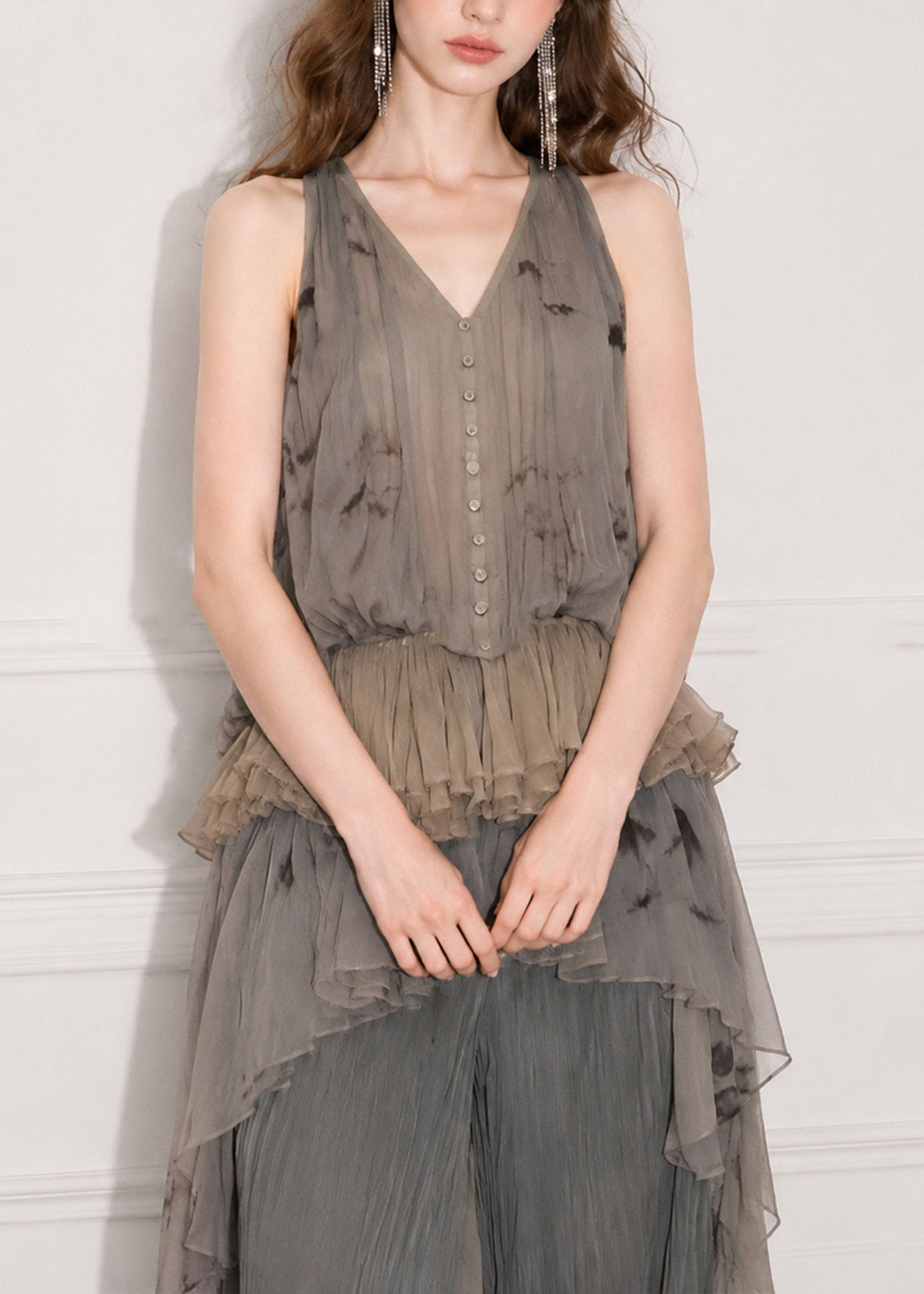 Haut Femme Volants Col V Sans Manches Style Jacquard 2