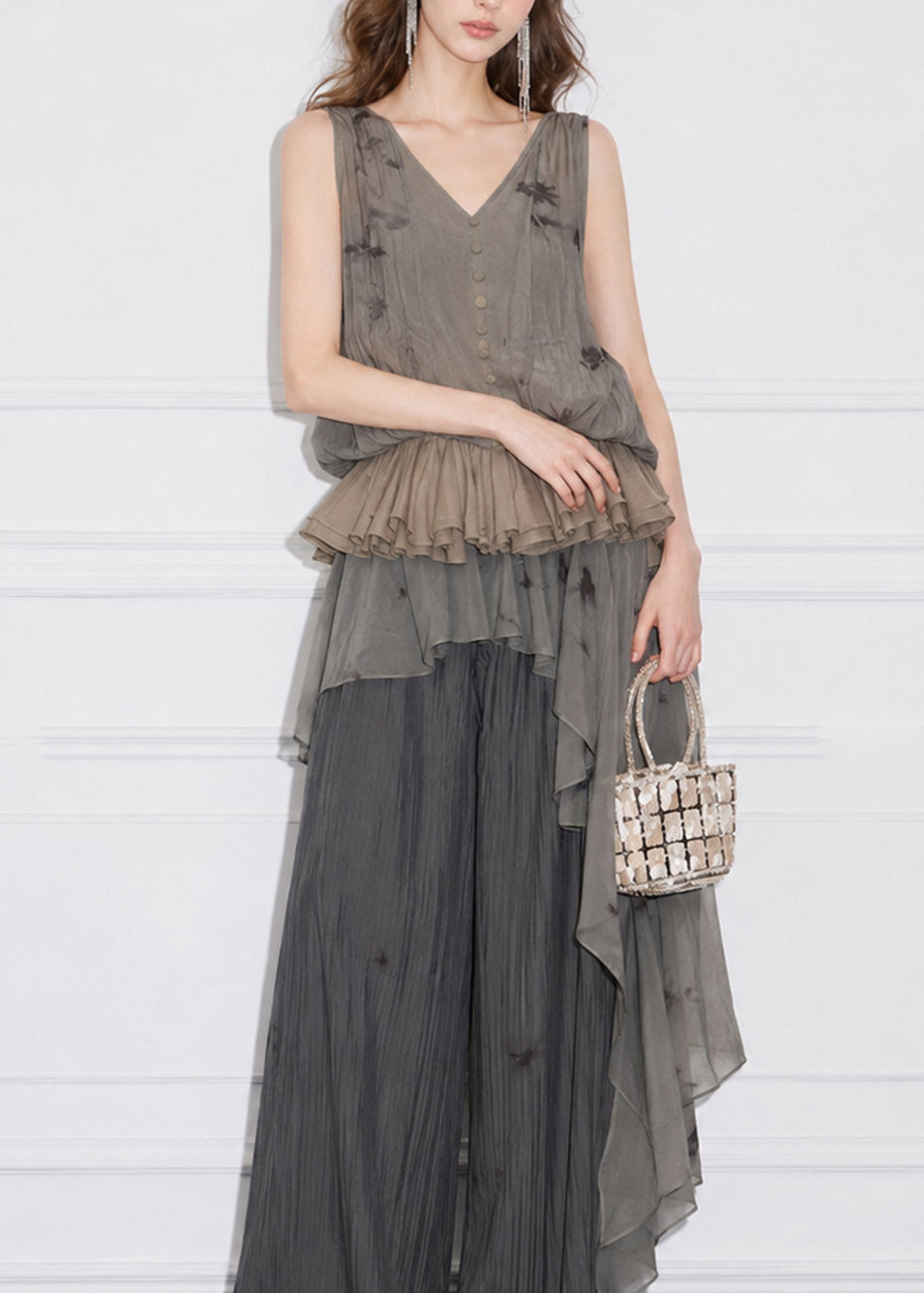Haut Femme Volants Col V Sans Manches Style Jacquard 4