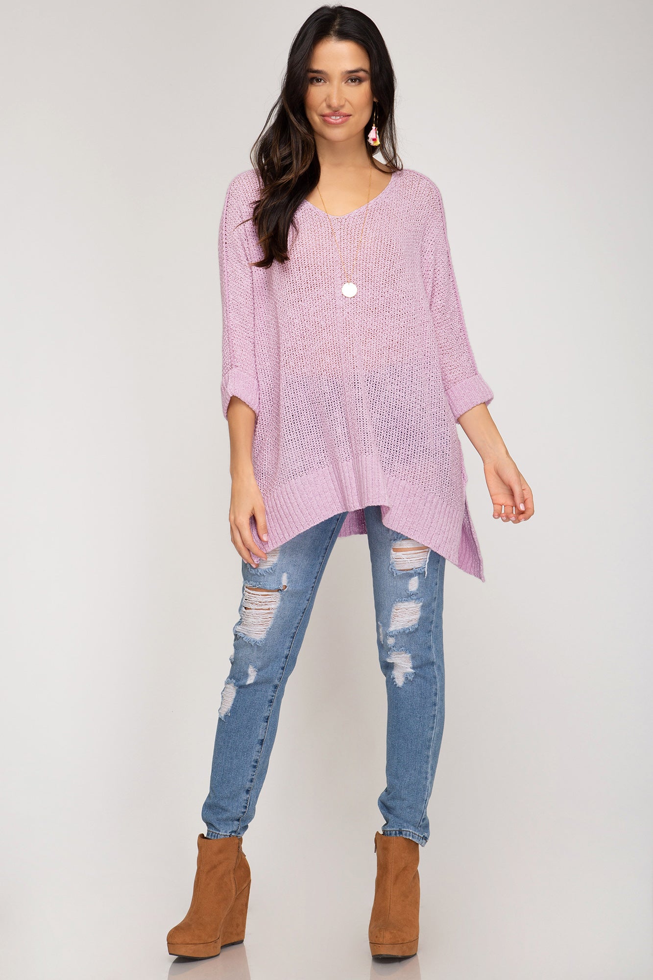 Haut en Tricot à Manches 3/4 et Ourlet Hi-Lo pour Femme 1