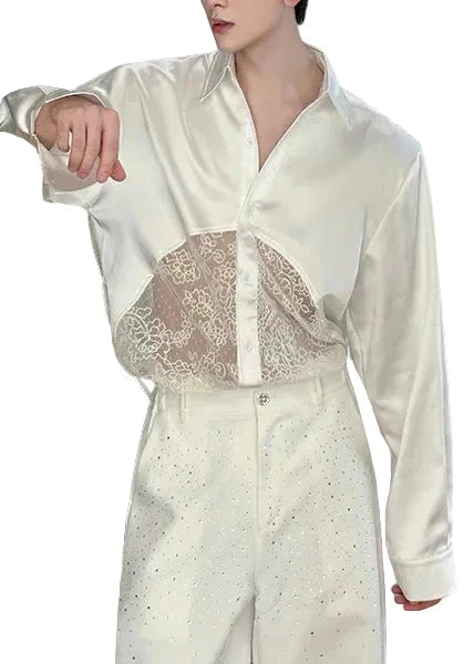 Homme Chemise Oversize Patchwork Dentelle Style Estival 0