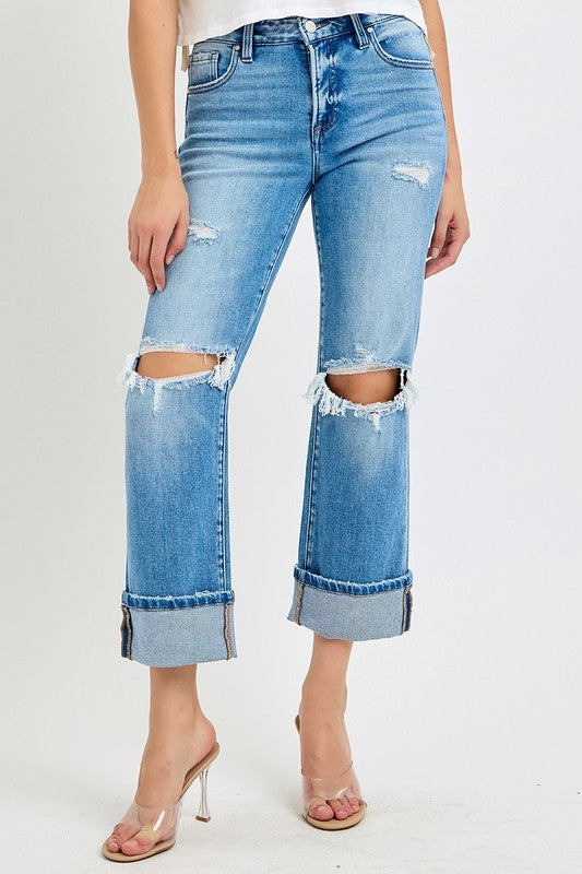 Jean Femme Droit Mi-Haut en Denim avec Ourlet 1