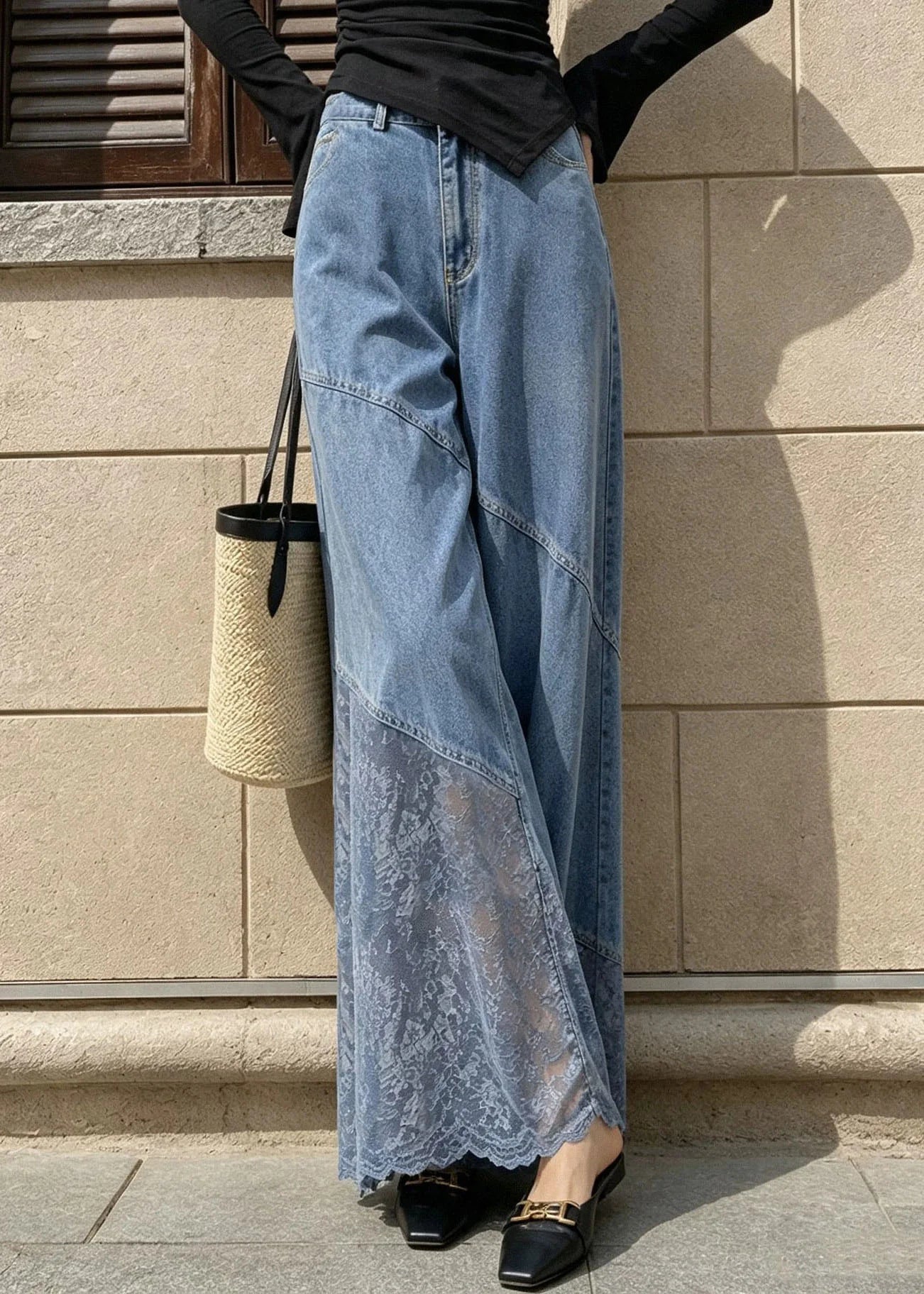 Jean Femme Taille Haute à Jambes Larges avec Poches et Patchwork 1