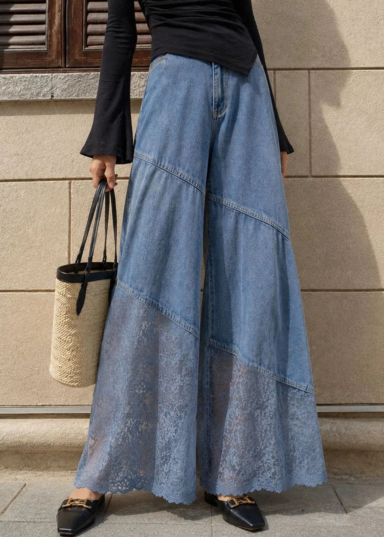 Jean Femme Taille Haute à Jambes Larges avec Poches et Patchwork 2