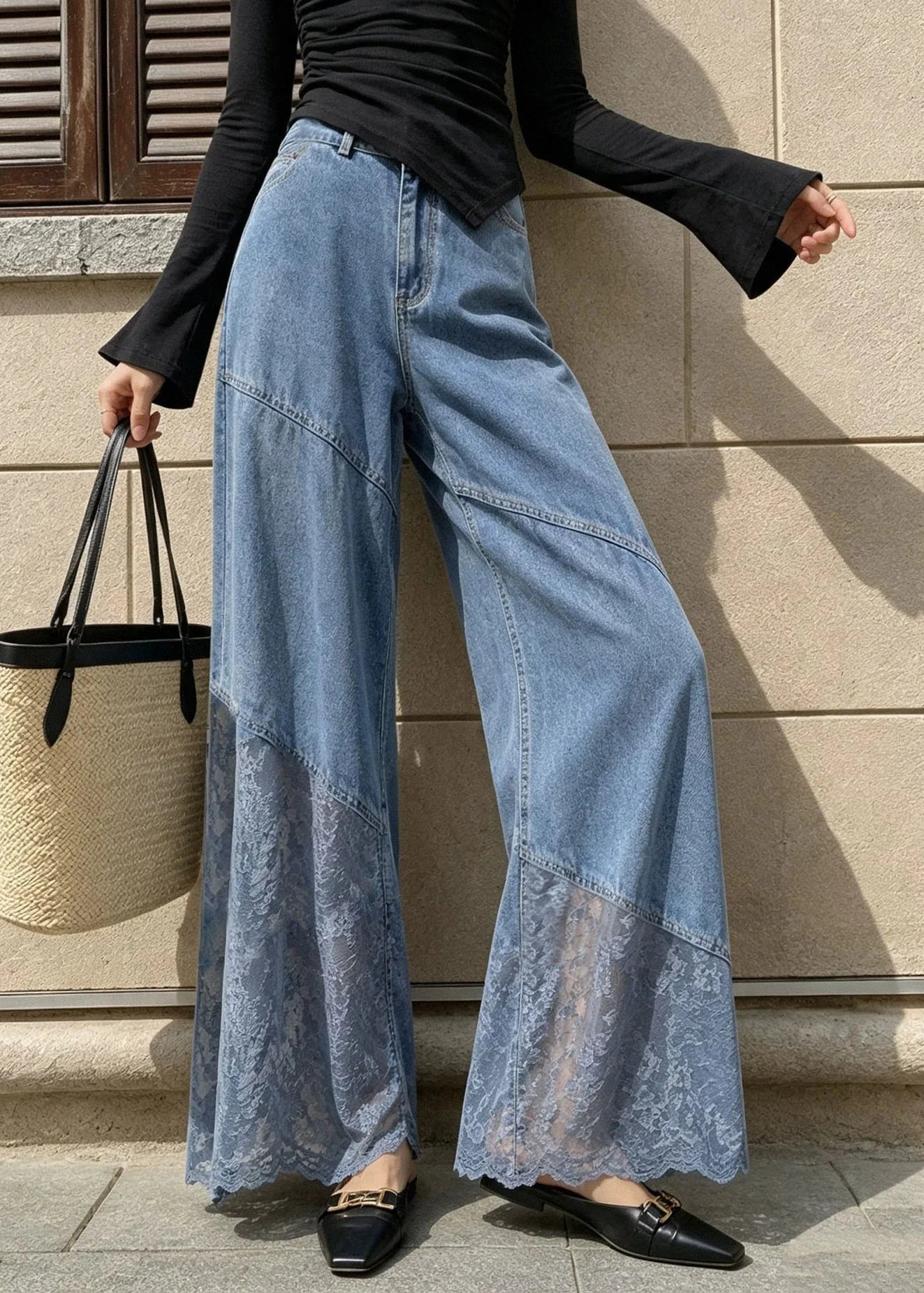 Jean Femme Taille Haute à Jambes Larges avec Poches et Patchwork 3