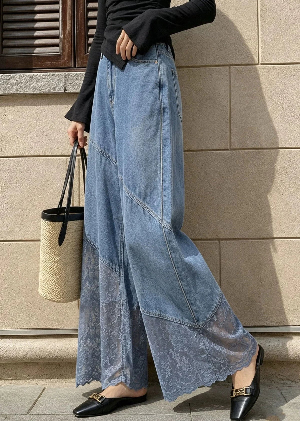 Jean Femme Taille Haute à Jambes Larges avec Poches et Patchwork 4